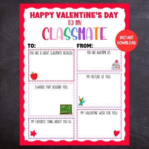 Carte de Saint-Valentin pour un camarade de classe, imprimable pour camarade de classe, carte de Saint-Valentin vierge pour mon camarade de classe