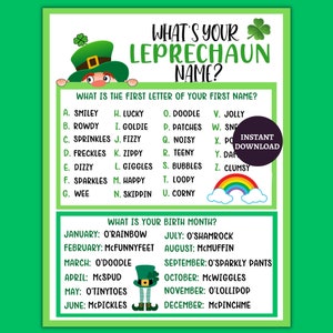 Leprechaun Name Game, What&#39;s Your Leprechaun Name, St. Patricks Day Fun for Party and Classroom and Office, Printable St. Patricks Day Game