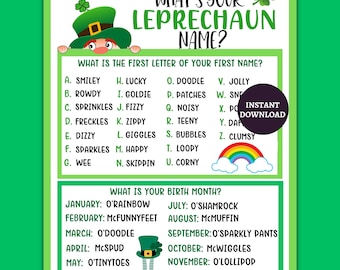Leprechaun Name Game, What's Your Leprechaun Name, St. Patricks Day Fun for Party and Classroom and Office, Printable St. Patricks Day Game