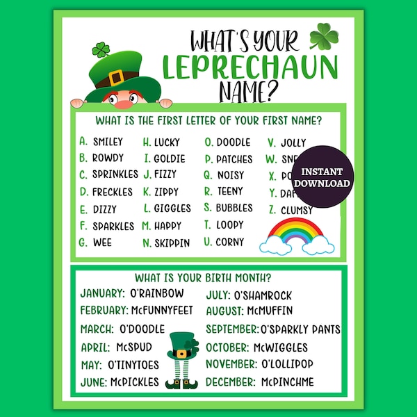 Leprechaun Name Game, What's Your Leprechaun Name, St. Patricks Day Fun for Party and Classroom and Office, Printable St. Patricks Day Game