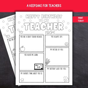 K&ouml;nnte beinhalten: Schwarz-wei&szlig;e druckbare Geburtstagskarte f&uuml;r einen Lehrer. Die Karte hat einen Titel, der "Happy Birthday to my Teacher" lautet. Es gibt Platz f&uuml;r den Sch&uuml;ler, um &uuml;ber seinen Lehrer zu schreiben und ein Bild zu zeichnen.