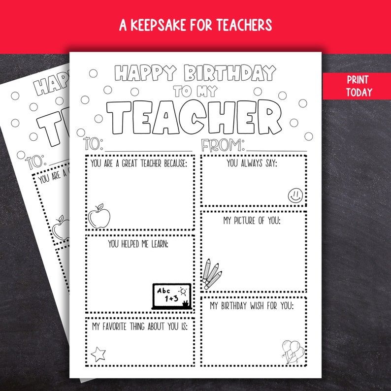 K&ouml;nnte beinhalten: Schwarz-wei&szlig;e druckbare Geburtstagskarte f&uuml;r einen Lehrer. Die Karte hat einen Titel, der "Happy Birthday to my Teacher" lautet. Es gibt Platz f&uuml;r den Sch&uuml;ler, um &uuml;ber seinen Lehrer zu schreiben und ein Bild zu zeichnen.