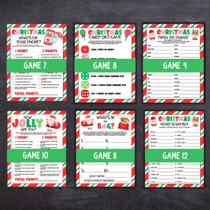 May include: A set of 10 Christmas party game cards with red and green striped backgrounds. The games include "What's on Your Phone?", "Candy Dice Game", "Finish the Phrase", "How Jolly Are You?", "What's in the Bag?", and "Christmas Word Scramble".