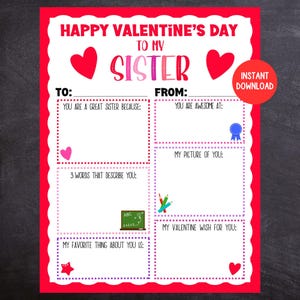 Carte de Saint-Valentin enfant pour soeur, imprimable carte de Saint-Valentin soeur, souvenir Saint-Valentin, les enfants remplissent la carte de Saint-Valentin vierge pour soeur