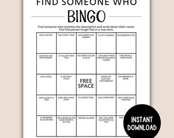 Juego para romper el hielo, juego imprimible para romper el hielo, bingo para encontrar a alguien, bingo humano, juego minimalista para iniciar una fiesta, juego de bingo Mingle