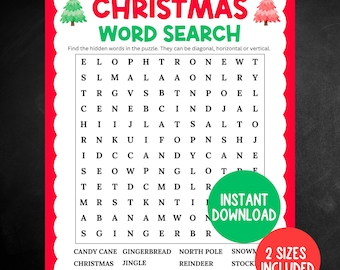 Puede incluir: Un juego de búsqueda de palabras navideño en rojo y blanco, con un árbol de Navidad verde. La cuadrícula del rompecabezas contiene palabras como "Jingle" y "Santa". Las palabras se pueden encontrar en diagonal, horizontal o vertical. "Descarga instantánea".