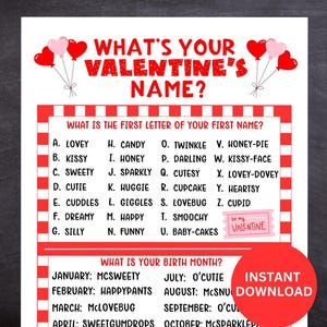 What&#39;s Your Valentines Name Game WITH Name Tags & Sign, Valentines Game, Valentines Game for Kids and Adults, Valentines Day Activity