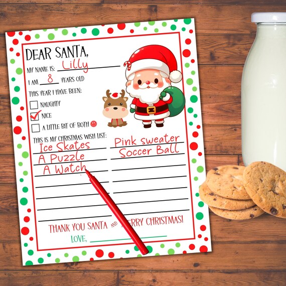 Printable Letter to Santa, Christmas Wish List, Dear Santa Letter