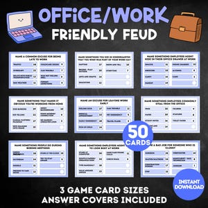 May include: A game called "Office/Work Friendly Feud" with 50 cards, featuring various work-related topics. The game includes answer covers and is available for instant download. The game cards are displayed on a black background.