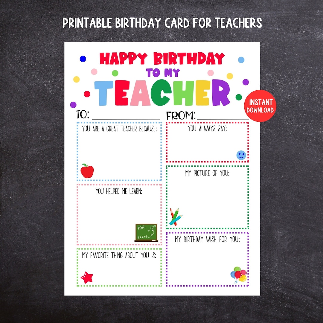 Teacher Birthday Card Printable Kids Birthday Card for Teachers Teacher Birthday Card Printable Kids Birthday Card for Teachers
