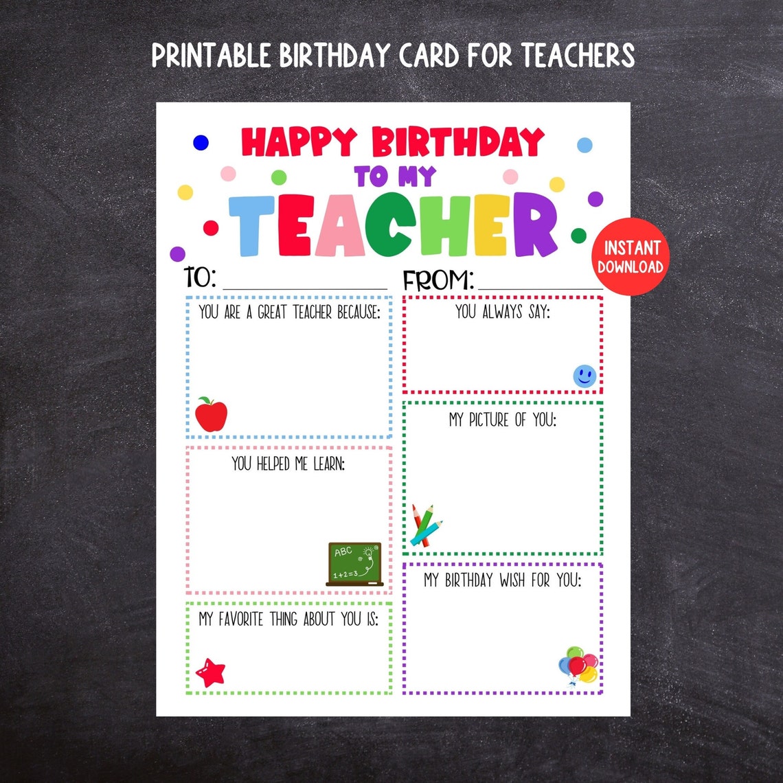 Teacher Birthday Card, Printable Kids Birthday Card for Teachers ...