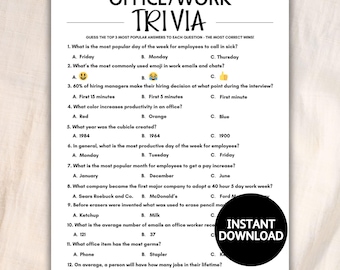 May include: A printable office trivia game with questions about workplace habits and history. The black and white design features questions and multiple-choice answers, with a round "Instant Download" graphic.