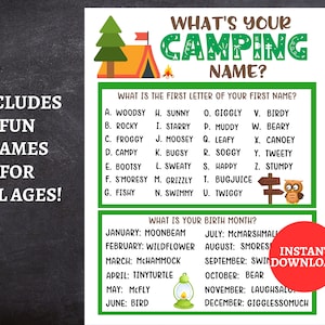 Camping Game, What's Your Camping Name Game WITH Name Tags & Sign, Camping Icebreaker, Camping Game for Kids and Adults, Camping Activity image 3