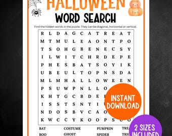 May include: Halloween-themed word search puzzle with orange and black text. The puzzle includes words like "bat," "ghost," and "pumpkin." A spider web and pumpkins decorate the top. Includes "Instant Download" and "2 Sizes Included" text.