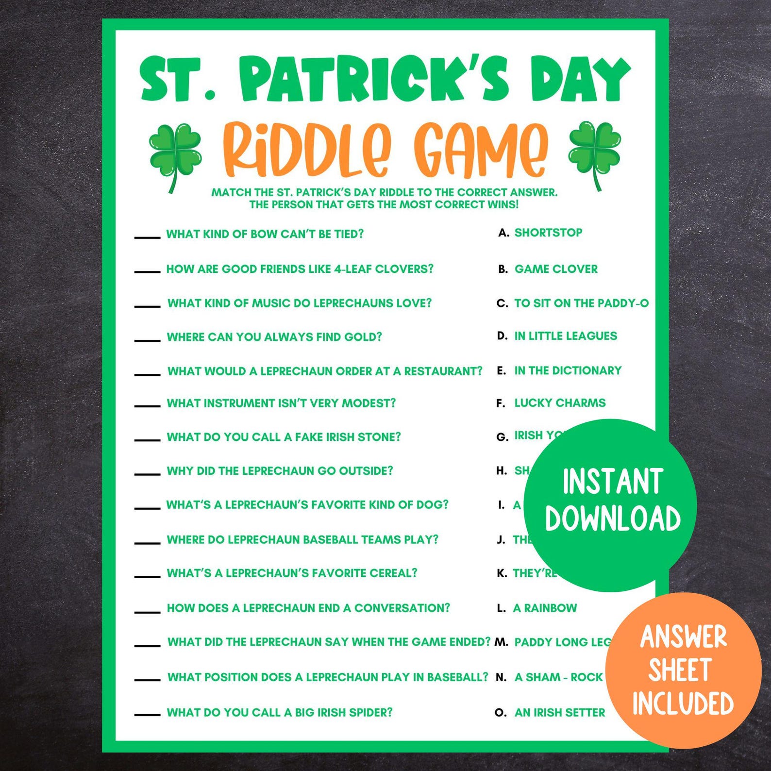 St. Patrick's Day Riddle Game, Printable St. Patrick's Day Party Game ...