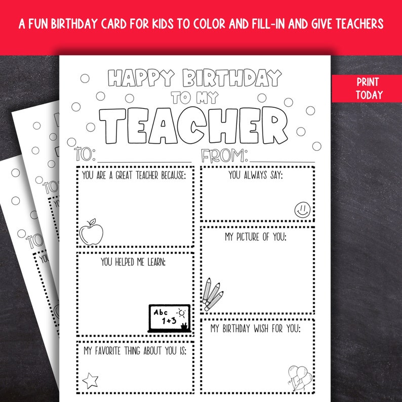 K&ouml;nnte beinhalten: Eine schwarz-wei&szlig;e druckbare Geburtstagskarte f&uuml;r einen Lehrer. Die Karte hat einen Titel, der "Happy Birthday to my Teacher" lautet. Es gibt Platz f&uuml;r den Sch&uuml;ler, um &uuml;ber seinen Lehrer zu schreiben und ein Bild zu zeichnen.