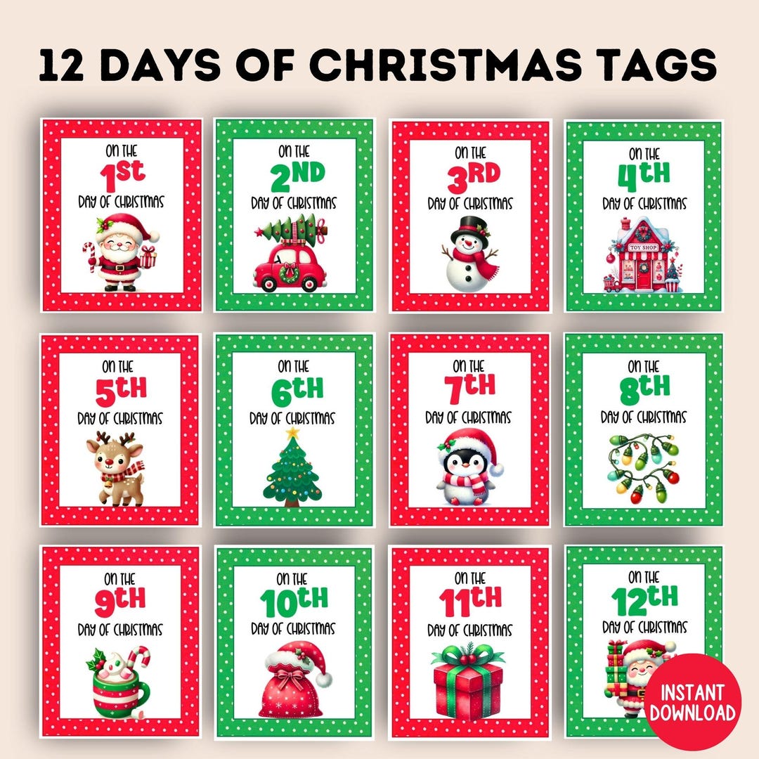 12 Days of Christmas Tags, Printable 12 Days of Christmas Gift Tags ...