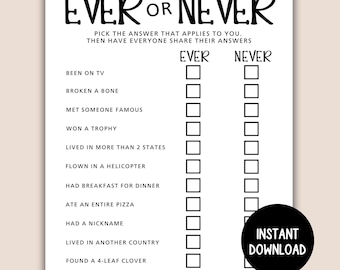 Juego para romper el hielo, juego imprimible Ever or Never, juego fácil para empezar una fiesta, juego para romper el hielo de trivia, juego Ever or Never, juego para fiestas en la oficina