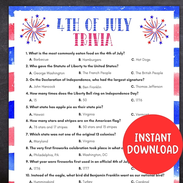 4th of July Trivia, 4th of July Game, Printable Independence Day Game, 4th of July Family Quiz, United States Game for Kids and Adults