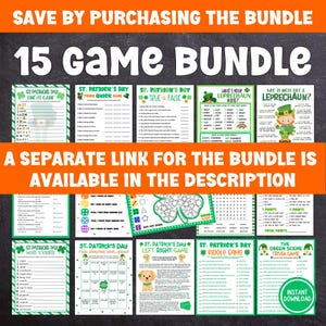 May include: A printable St. Patrick's Day game bundle with 15 different games. The games include word scrambles, true or false, find someone who bingo, and more. The games are all green and gold and have a fun St. Patrick's Day theme.