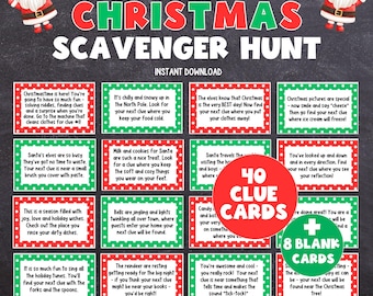 Pode incluir: Quarenta cartas de pistas de Natal vermelhas e verdes com bolinhas brancas. As cartas têm uma variedade de enigmas e pistas com tema natalino. Também estão incluídas oito cartas em branco.