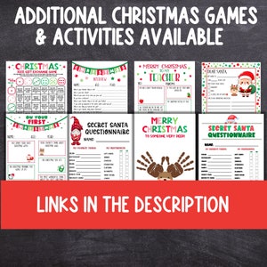 May include: A collection of printable Christmas games and activities. The games include a dice gift exchange game, an interview, a secret Santa questionnaire, a "Merry Christmas to my Teacher" card, a "Merry Christmas to someone very deer!" card, and a "Dear Santa" letter.