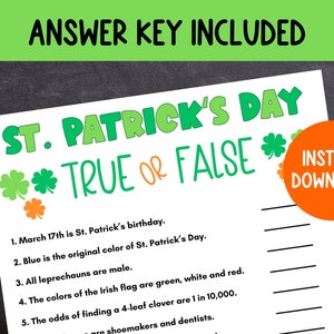Puede incluir: Un juego de preguntas verdadero o falso sobre el D&iacute;a de San Patricio para imprimir, con una hoja de respuestas incluida. El juego incluye cinco preguntas sobre las tradiciones y el folclore del D&iacute;a de San Patricio.