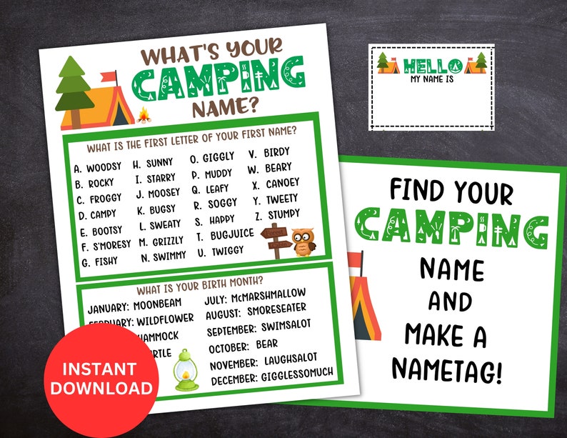 Camping Game, What's Your Camping Name Game WITH Name Tags & Sign, Camping Icebreaker, Camping Game for Kids and Adults, Camping Activity image 4