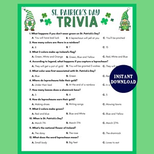 Juego de trivia del Día de San Patricio, juego imprimible del Día de San Patricio, juego de trivia, diversión del Día de San Patricio para niños, adultos y aulas.