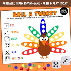 Roll A Turkey Dice Game, Printable Thanksgiving Activity for Kids and Adults, Classroom Thanksgiving Game, Office Party Game