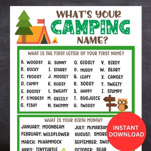 Camping Game, What's Your Camping Name Game WITH Name Tags & Sign, Camping Icebreaker, Camping Game for Kids and Adults, Camping Activity image 1