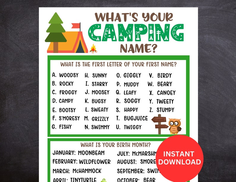 Camping Game, What's Your Camping Name Game WITH Name Tags & Sign, Camping Icebreaker, Camping Game for Kids and Adults, Camping Activity image 1
