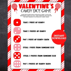 Peut inclure: Un jeu de dés de bonbons imprimable pour la Saint-Valentin avec des rayures rouges et roses. Les instructions du jeu sont : Tout le monde commence avec 3 bonbons. Placez les bonbons restants dans une pile. Jouez à tour de rôle en lançant les dés. La première personne à obtenir 10 bonbons gagne ! Les résultats des dés sont : Prendre 1 bonbon, Prendre 2 bonbons, Remettre 1 bonbon, Voler 1 bonbon à quelqu'un d'autre, Voler 2 bonbons à quelqu'un d'autre, Remettre 2 bonbons.