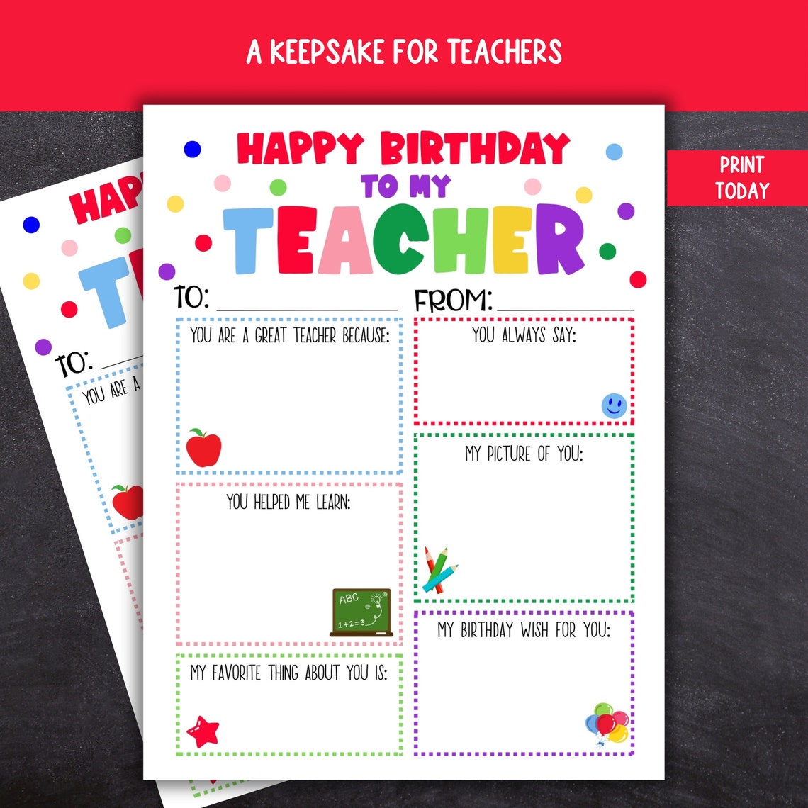 Teacher Birthday Card, Printable Kids Birthday Card for Teachers