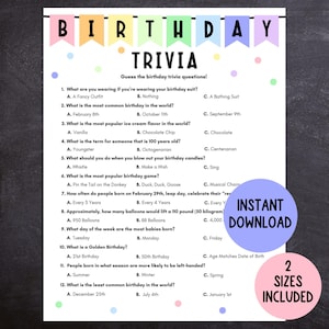 Birthday Trivia Game, Printable Pastel Birthday Game, Easy Birthday Game for Kids and Adults, Trivia Game