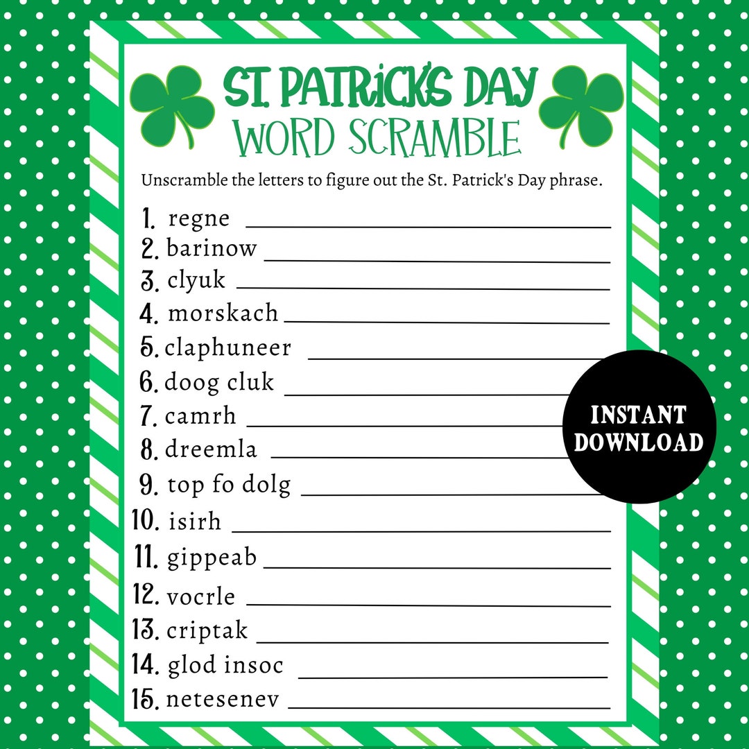 St. Patrick's Day Word Scramble Game, St. Patrick's Day Printable Game ...