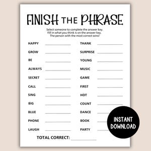 Jeu brise-glace, jeu de phrases finies à imprimer, jeu de démarrage facile pour une fête, anecdotes brise-glace, jeu de phrases finies, jeu de fête de bureau