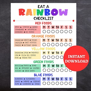 Checklist gezond eten, afdrukbare Eat A Rainbow-checklist voor kinderen, checklist gezonde voeding, regenboogvoedseltracker, formulier voedingsmaand