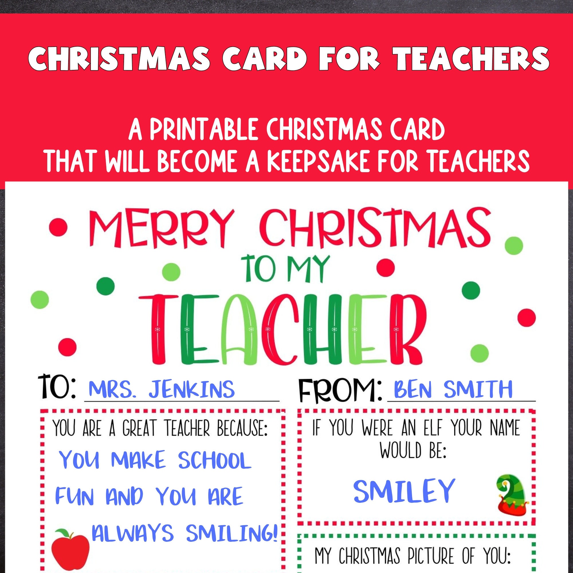 Teacher Christmas Card, Printable Kids Christmas Card for Teachers