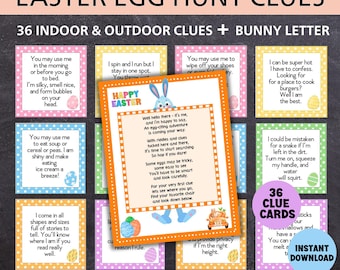 May include: 36 colorful Easter egg hunt clue cards with bunny illustrations and text. The cards are printed on white cardstock with a polka dot pattern. The text on the cards includes rhymes and riddles for an Easter egg hunt.