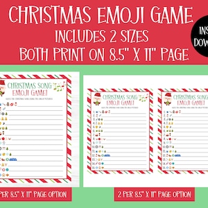 May include: Printable Christmas Emoji Game with two size options. The game includes a list of 16 Christmas songs with corresponding emojis.  The game can be printed on 8.5 x 11 inch paper.