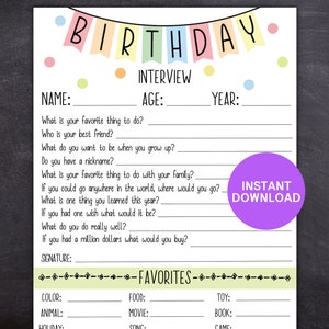 Kids Birthday Interview, Printable Birthday Questionnaire, Kids Birthday Form, Bday Interview for Kid, Annual Birthday Interview