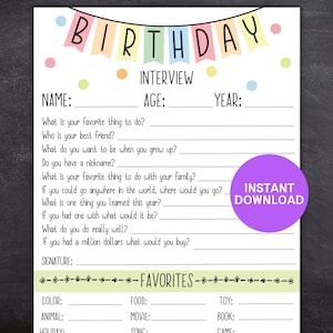 Entrevista de cumpleaños para niños, cuestionario de cumpleaños imprimible, formulario de cumpleaños para niños, entrevista de cumpleaños para niños, entrevista de cumpleaños anual