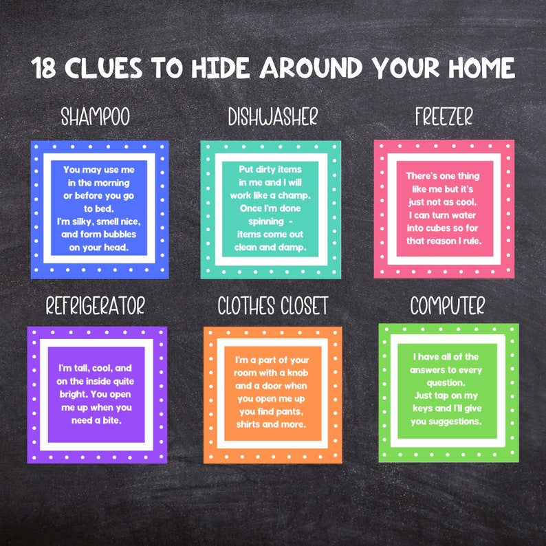 May include: A colorful chart with 18 clues to hide around your home. Each clue is written in a square with a different color and a title at the top of each square. The titles are: Shampoo, Dishwasher, Freezer, Refrigerator, Clothes Closet, and Computer.