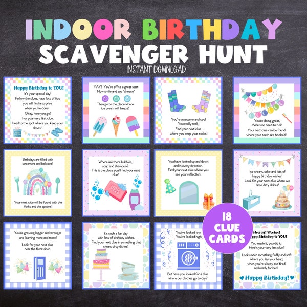 Birthday Scavenger Hunt for Kids, Indoor Birthday Treasure Hunt for Kids, Birthday Printable Game for Kids, Indoor Scavenger Hunt Clues