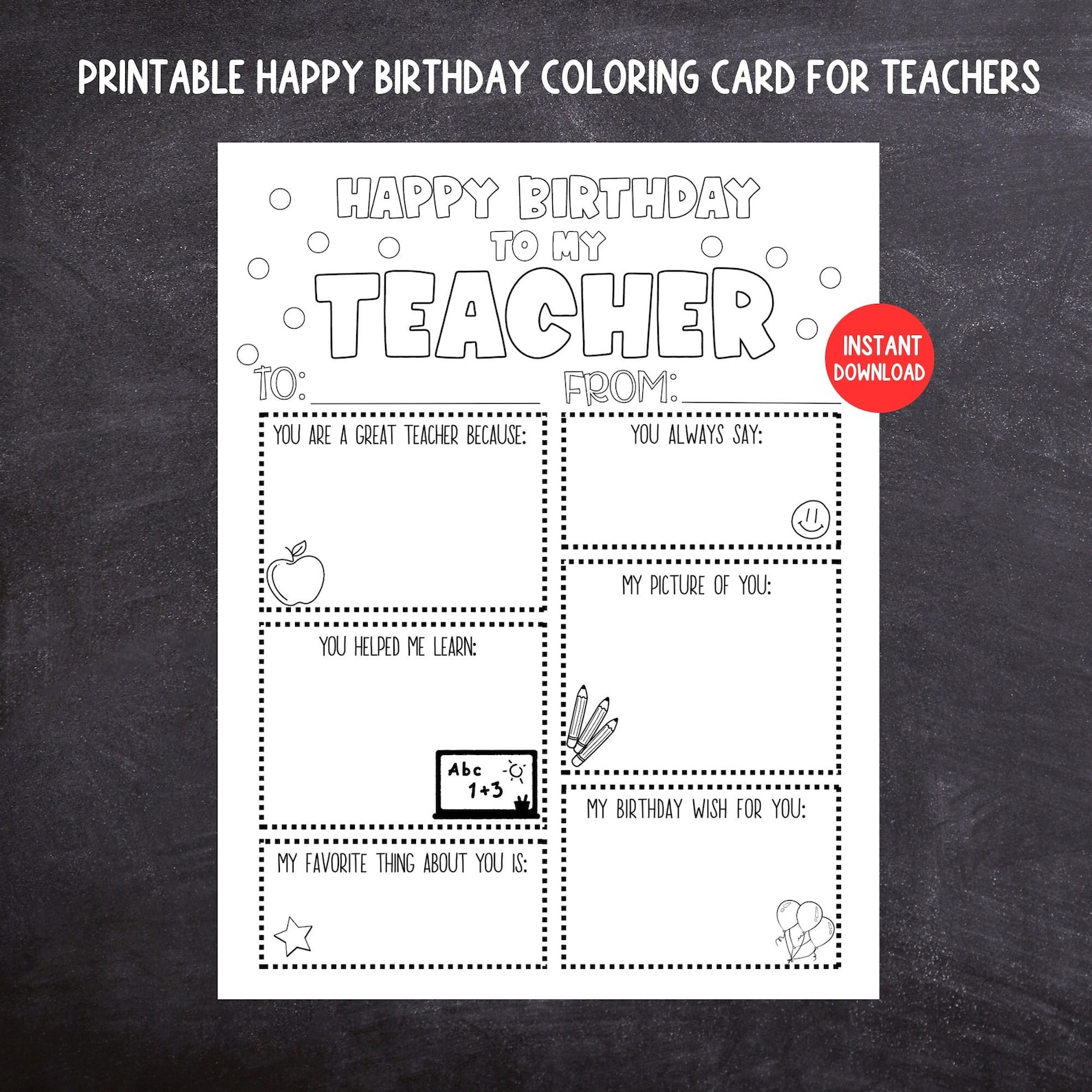 Teacher Birthday Coloring Card, Printable Kids Birthday Card for