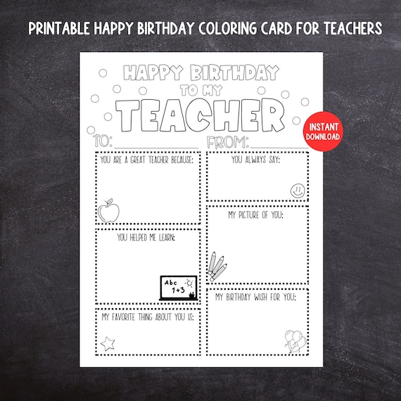 Teacher Birthday Coloring Card, Printable Kids Birthday Card for Teacher, Teacher Keepsake, Kids Fill In the Blank Birthday Card for Teacher