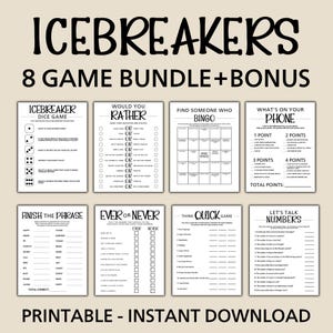 Może przedstawiać: Drukowany zestaw gier rozgrzewających z 8 różnymi grami, w tym "Wolałbyś", "Bingo Znajdź kogoś, kto", "Co jest w twoim telefonie", "Dopowiedz zdanie", "Zawsze lub nigdy", "Szybka gra", "Porozmawiajmy o liczbach" i "Gra w kości rozgrzewające".