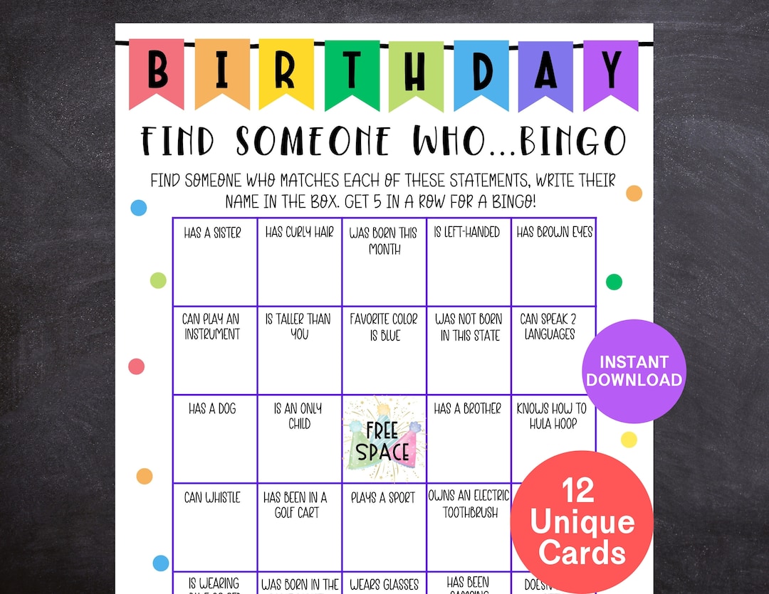 Birthday Party Game, Human Bingo Game, Find Someone Who Game, Get to