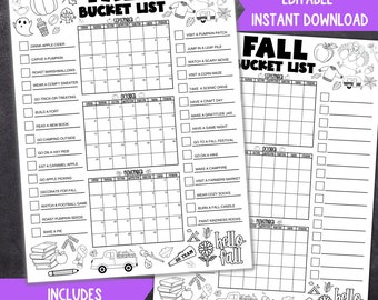Printable Fall Bucket List Calendar, Fall Coloring Poster and Activities Checklist, EDITABLE Bucket List, Autumn Calendar and To-Do List